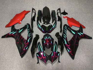 Carénages Moto Suzuki GSXR 600 / GSXR 750 2008-2010 - Noir Brillant Rouge Cyan Flamme