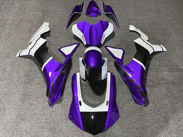 Carénages Moto Yamaha R1 2015-2019 - Blanc Violet Fibre de Carbone Accents