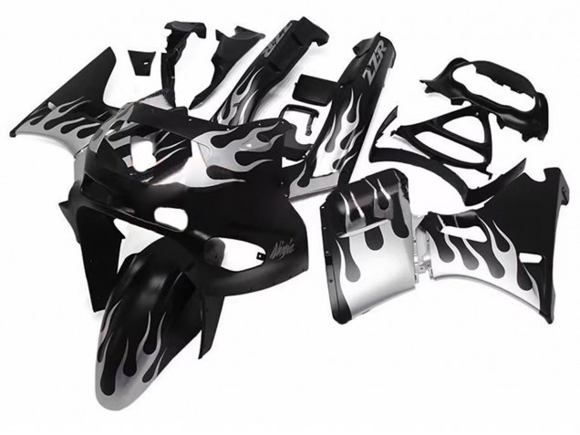 Carénages Moto Kawasaki ZZR600 1998-2003 - Noir Brillant Argent Flamme