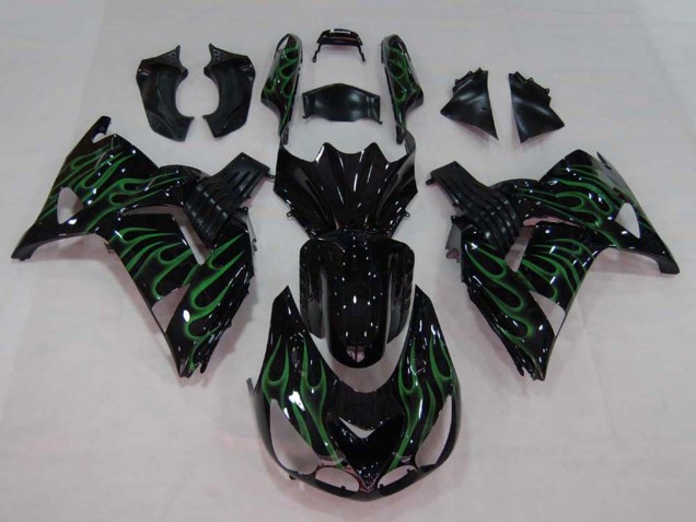 Carénage Moto Kawasaki ZX14R ZZR1400 2006-2011 - Noir Brillant Vert Flamme