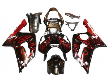 Carénages Moto Kawasaki ZX6R 2003-2004 - Noir Brillant Rouge Flamme