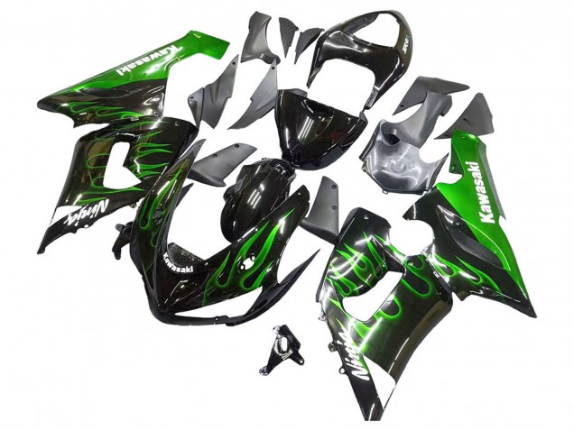 Carénage Moto Kawasaki ZX6R 2005-2006 - Noir Brillant Vert Flamme