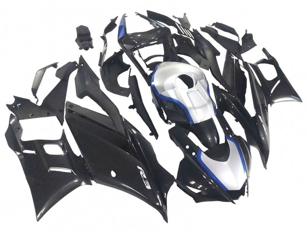 Carénages Moto Yamaha YZF R3/R25 2022-2024 - Noir Fibre de Carbone Style Argent Bleu