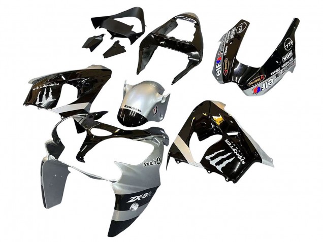 Carénages Moto Kawasaki ZX9R 2002-2003 - Argent Noir Brillant Monstre Elf