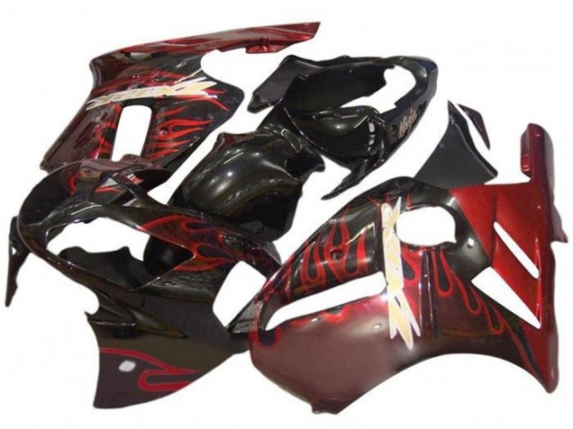 Carénages Moto Kawasaki ZX12R 2000-2001 - Noir Brillant Rouge Flamme