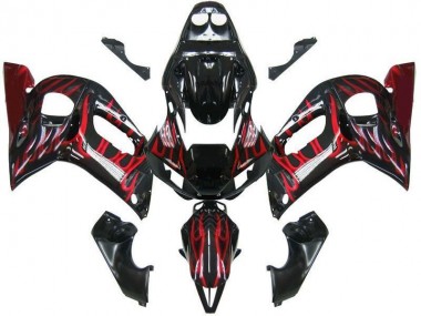 Carénages Moto Yamaha YZF 600 R6 1998-2002 - Noir Brillant Rouge Flamme