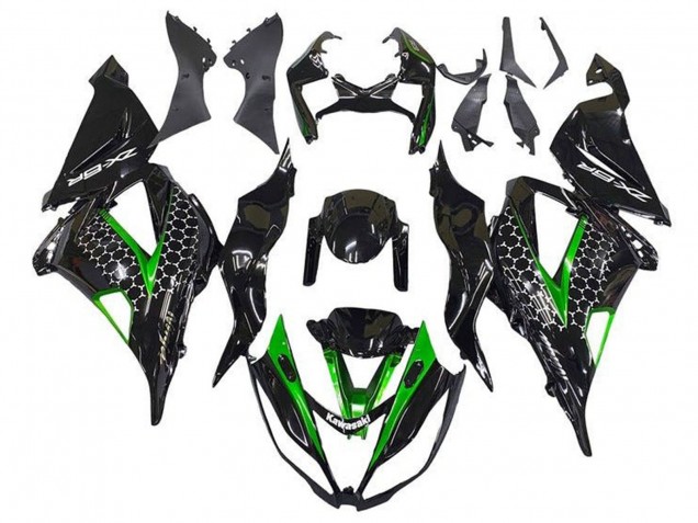 Carénages Moto Kawasaki ZX6R 2013-2018 - Noir Brillant Vert Blanc Rayon de Miel