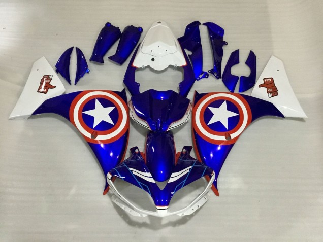 Carénages Moto Yamaha YZF 1000 R1 2012-2014 - Blanc Bleu Rouge Étoile Captain America