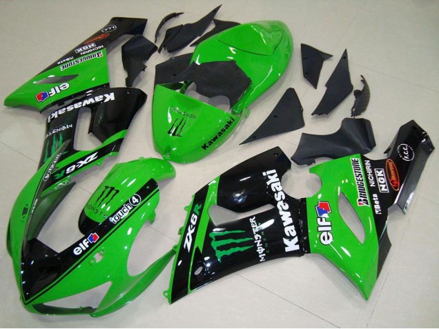 Carénages Moto Kawasaki ZX6R 2005-2006 - Vert Noir Brillant Elf Monstre
