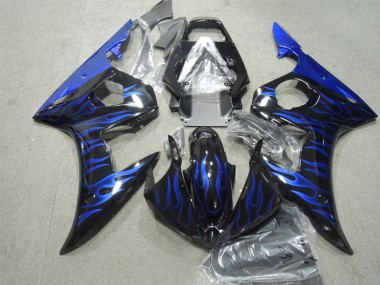 Carénages Moto Yamaha YZF R6 2003-2004 - Noir Brillant Bleu Flamme