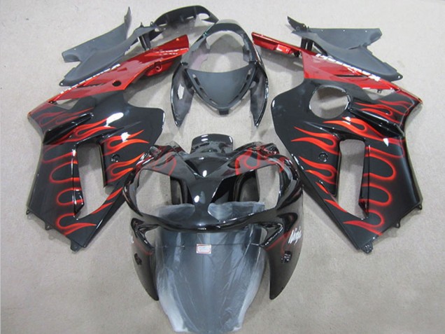 Carénage Moto Kawasaki ZX6R 2007-2008 - Noir Rouge Flamme