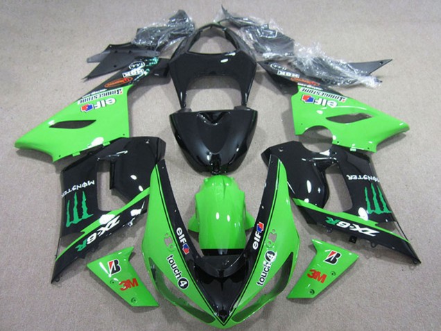 Carénages Moto Kawasaki ZX6R 2005-2006 - Noir Brillant Vert Elf Touch4 Bridgestone Monstre
